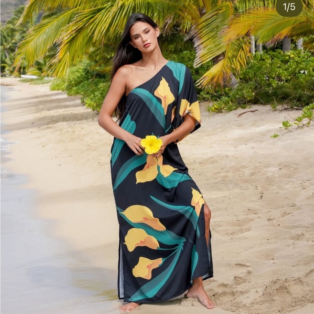 Fighting Eel Frankie One-Shoulder Maxi Dress golden calla lily small NWT